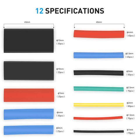 Heat Shrink Tubing Kit 2 To 1 Shrink Ratio 45mm Cable Sleeve Flame Retardant Polyolefin 560 Pieces In 5 Colors And 12 Sizes