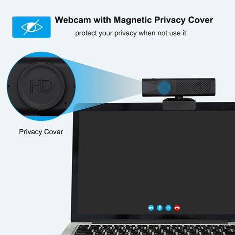 Hella Sharp 1080P Hd Webcam With Zero Fuss Setup And Pro Level Quad Mic Array with Magnetic Privacy Cover on laptop.