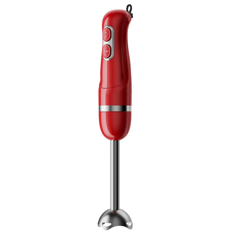 Heavy Duty Corded Immersion Blender With Badass 400 Watt Copper Motor And Slick Two Speed Controls For Hella Smooth Soups Smoothies And Baby Food Puree Making in red with stainless steel shaft.