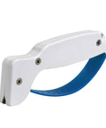 Handheld Tungsten Carbide Knife Sharpener Gets Dull Kitchen Blades Straight Back To Dang Sharp Shape In Seconds Quick Multi Purpose Edge Rebuilder For Serrated And Standard Cutlery Gear, featuring white body and blue handle.