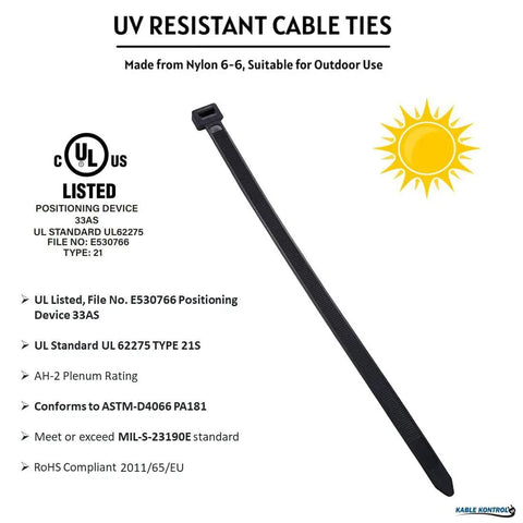 4 Inch Black Zip Ties 100 Pack With 18 Lbs Tensile Strength Self Locking UV Resistant Nylon Wire Ties displayed with UL listing badge