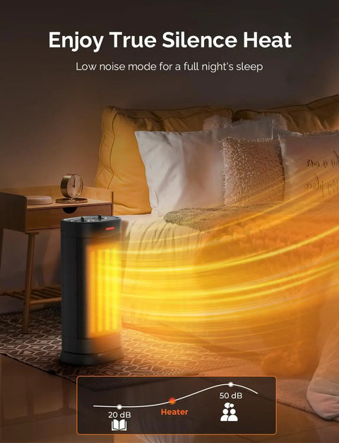 Two-Second 1500W Indoor Space Heater With PTC Ceramic Core providing quiet warmth in a cozy bedroom setting