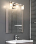 3 Light Glass Vanity Light Fixtures In Nickel Finish Dope Farmhouse Vibe above bathroom mirror