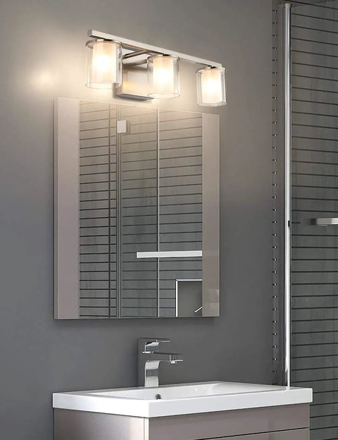 3 Light Glass Vanity Light Fixtures In Nickel Finish Dope Farmhouse Vibe above bathroom mirror