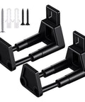 Two Pack Adjustable Barn Door Floor Guide Set With Wall Mount Guides And Screws For Sliding Doors In RVs, Barns, Closets And Home Spaces, Heavy Duty Black Finish, Prevents Wobble And Keeps Doors Secure, shown with screws and wall mounts.