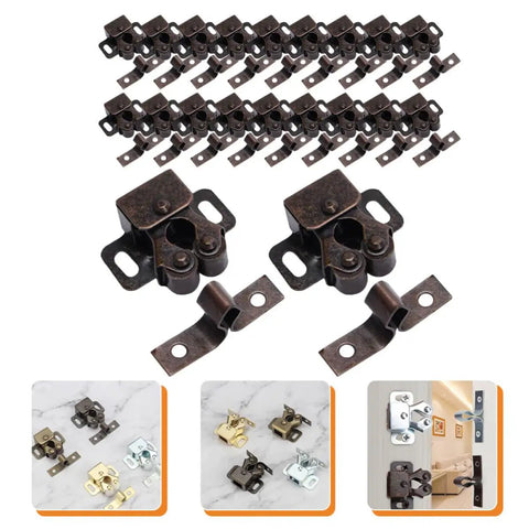 20Pcs Double Roller Door Catch Latch set in cold rolled steel for cabinet doors and wardrobes, shown with installation examples.