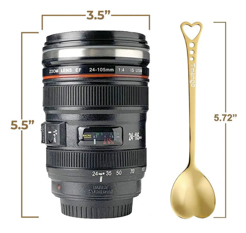 Camera Lens Coffee Mug With Clear Lid And Spoon, Lightweight Lens Cup Replica For Photographers, Gift For Photo Nerds And Fans