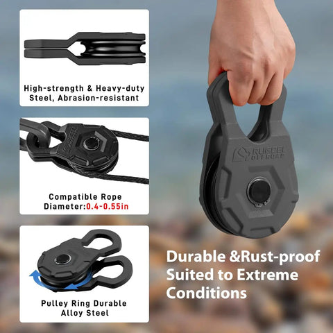 Snatch Block 12 Ton Heavy Duty Winch Pulley For Off Road Recovery With Synthetic Rope Or Steel Cable E Coated Black Finish in hand.