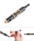 Side view of a 5mm hex-shank center drill with black body and brass springs for woodworking hinge hole punching