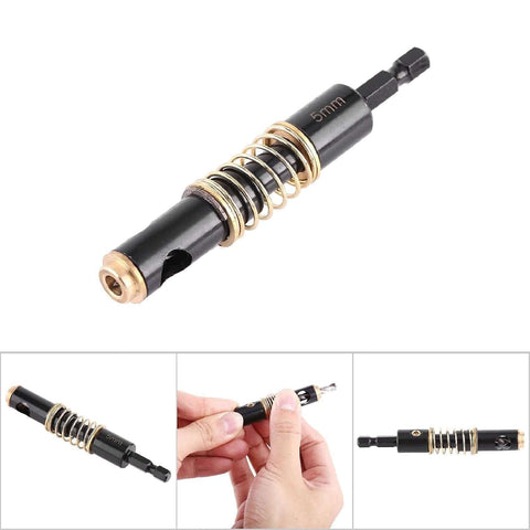 Side view of a 5mm hex-shank center drill with black body and brass springs for woodworking hinge hole punching