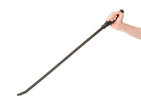 Person holding 36 Inch Angled End Pry Bar With Textured Poly Handle For High Leverage Prying And Lifting, Chisel End For Tight Spaces, Hammer Ready Steel Striking Cap, 5/8 Inch Square Shank, Built Heavy Duty For Demolition
