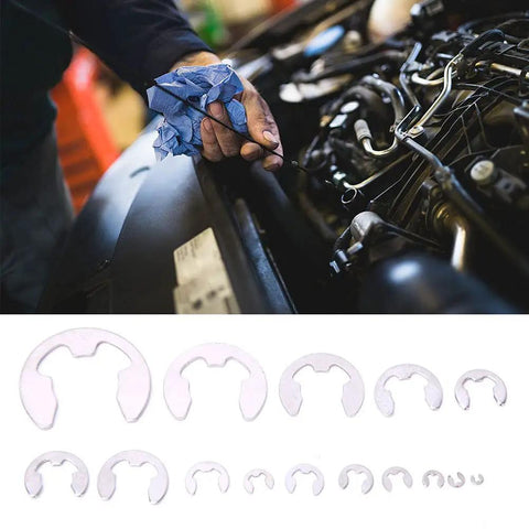 Top Picks 304 Stainless Steel Retaining Rings Set With Durable E-Type Fasteners, sizes 1.2 to 15mm displayed in an auto repair setting.