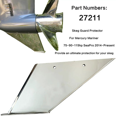 Straight Up Heavy Duty 316 Marine Grade Stainless Steel Skeg Guard Shields Mercury Outboards Against Rocks And Ramps Skipper Approved Boat Rig Armor Protector installed on a motor