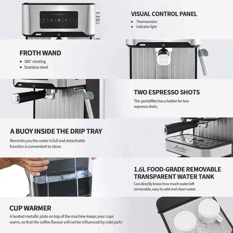 Electric Cappuccino Maker With Auto Milk Frother Stainless Steel Build And Removable Water Tank displaying control panel, drip tray, and water reservoir.