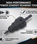 Drill Compatible Conduit Reaming Kit With One Quarter Inch Shank Pipe Reamer And Five Replacement Blades shown with features