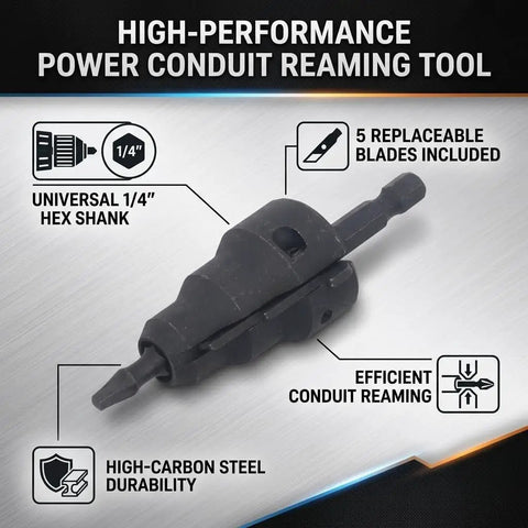 Drill Compatible Conduit Reaming Kit With One Quarter Inch Shank Pipe Reamer And Five Replacement Blades shown with features