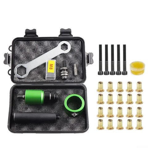 Turn Your Electric Drill Into A Rad Riveting Beast With AugustknowU Kit, Featuring 5 Mandrels And 20 Nuts For Sleek Automotive Repairs And Epic Home Improvement Projects That Make Quick Work Of Any Tough Job. compact steel drill rivet adapter kit, open case with mandrels and nuts