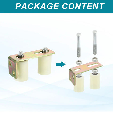 Package contents showing Heavy Duty 4 Pack Sliding Gate Guide Roller Kit With L Brackets Universal Adjustable Gate Roller Hardware With 2.8 Inch Wheel