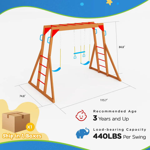 Backyard Playground Swing Set With Monkey Bar And Belt Swings For Kids, Outdoor Playset dimensions and features.