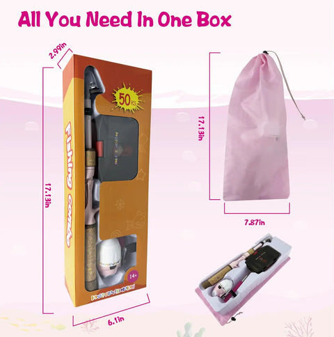 Kids Fishing Pole Set With Rod And Reel Combo Tackle Box Lures Net Bag Pink 59 Inch Sweet Starter Kit packaging and bag