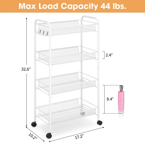 Four Tier Rolling Metal Cart With Three Hooks, Easy Assembly Mobile Storage Trolley On Wheels, white, front view with dimensions