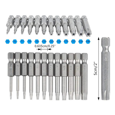 Top view of Beefy 12 Piece Torx Bit Set With One Quarter Inch Hex Shank T5 To T40 S2 Steel Tamper Proof 6 Point Security Star Bits