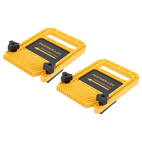 Adjustable Woodworking Featherboard Jig, Six Inch Abs Safety Clamping Tool With Rock Solid Non Slip Holders, two yellow jigs with grips.