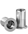 Twenty Pieces 304 Stainless Steel Flat Head Threaded Inserts With Knurled Body For Heavy Duty Metal Work and Punched Hole Strength Installation That Holds Tight, showing two inserts with a knurled body design.