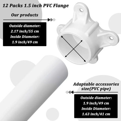 PVC Flange Fittings For One And A Half Inch PVC Pipe 12 Pack Gloss White with size dimensions for DIY projects