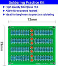 Incredible Hands-On Through-Hole Soldering Practice Kit with PCB, 88 resistors, 8 LEDs, and detailed dimensions 72mm x 59mm