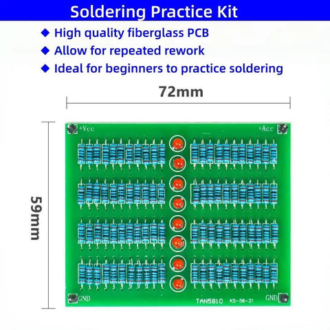 Incredible Hands-On Through-Hole Soldering Practice Kit with PCB, 88 resistors, 8 LEDs, and detailed dimensions 72mm x 59mm