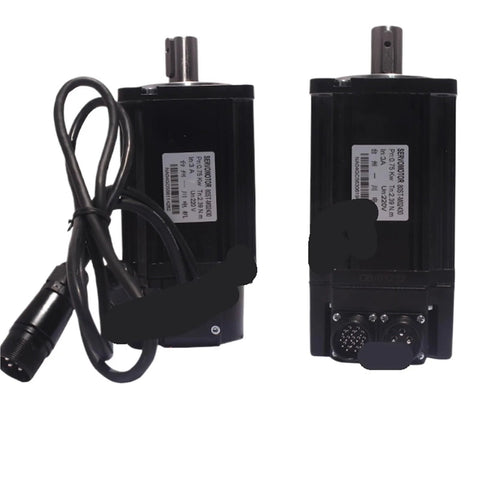 Two black servo motors with cables and drive shafts; front and rear views.