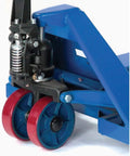 Pallet jack with blue powder-coated frame and red wheels, side view