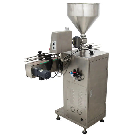 Badass Auto Liquid Filling Machine With Single Head Servo Pump And Steel Conveyor Belt For Viscous Sauces Honey Jam Bottling Shop Grade No Fuss 110V Rig in stainless steel.