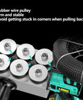 Close-up of No Sweat Cordless Wire Threader For Electricians showcasing rubber wire pulleys and cable guide mechanism.