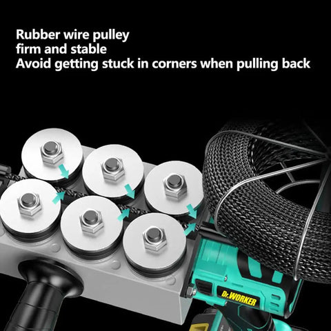 Close-up of No Sweat Cordless Wire Threader For Electricians showcasing rubber wire pulleys and cable guide mechanism.