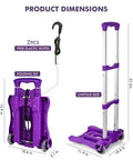 Home-Man folding hand truck, purple 4-wheel luggage cart with elastic ropes, shown folded and unfolded.