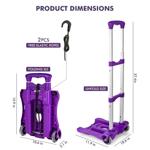 Home-Man folding hand truck, purple 4-wheel luggage cart with elastic ropes, shown folded and unfolded.