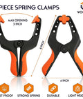 WOCTEC 4-pack 6-inch plastic spring clamps with orange handles, front and side views showing 3-inch jaw opening