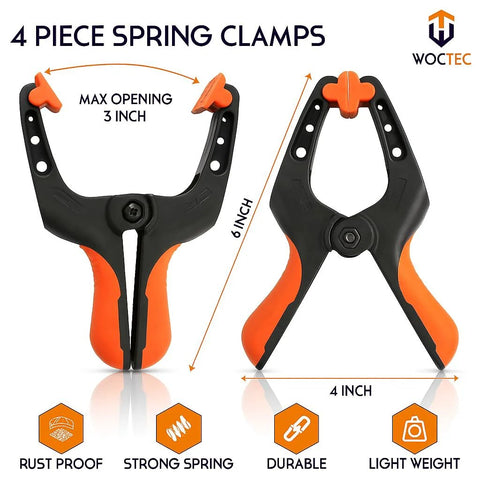WOCTEC 4-pack 6-inch plastic spring clamps with orange handles, front and side views showing 3-inch jaw opening