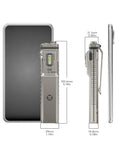 Ultra Lightweight Titanium EDC Flashlight With USB C Rechargeable Power, size comparison with smartphone, side and front view.