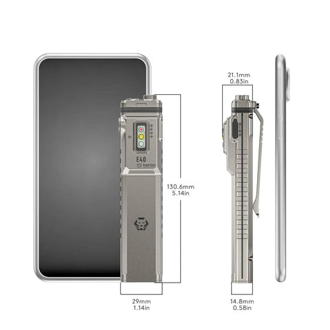Ultra Lightweight Titanium EDC Flashlight With USB C Rechargeable Power, size comparison with smartphone, side and front view.