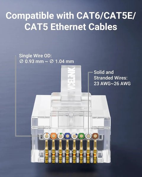 Close-up of Cat6 RJ45 Pass Through Connectors Kit For 10Gbps Ethernet with transparent housing and gold-plated contacts for 23-26 AWG