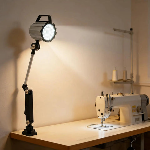 Heavy Duty 18W Led Work Light With Adjustable Multi Joint Arm Machine Lamp For Lathe Cnc Milling Drill Press And Workbench cool white 110V illuminating a sewing machine workspace.