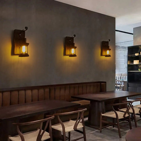 Dining room with Set Of Two Rustic Industrial Wall Sconces in Black Metal with Wood Backplate, cozy country vibe lighting