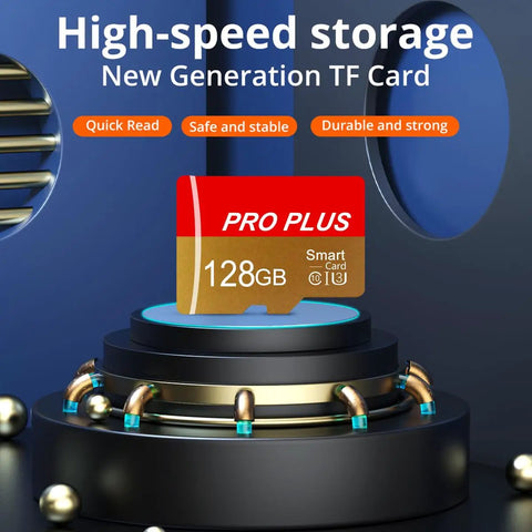 Two Pack 128GB Micro TF Card With Adapter High Speed UHS I C10 A1 Memory Card highlighted on futuristic platform