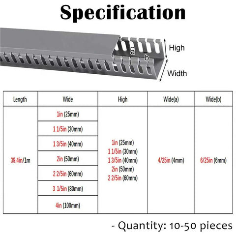 Specification chart for Open Slot Cable Management Raceway Kit 50 Pcs Cuttable Wire Ducts For Home Office Server Rack Wiring