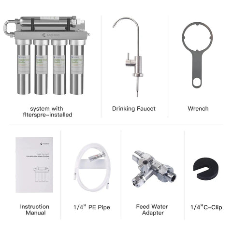 Under Sink Water Filter System 0.01 Micron Ultra Filtration Tankless 5-Stage High Capacity kit with faucet and tools included.