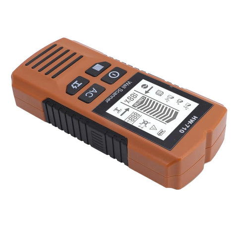 WALFRONT Stud Finder Wall Scanner with Scan Modes and LCD Backlit Screen for Detecting Wood Metal AC Wires, top view of device.