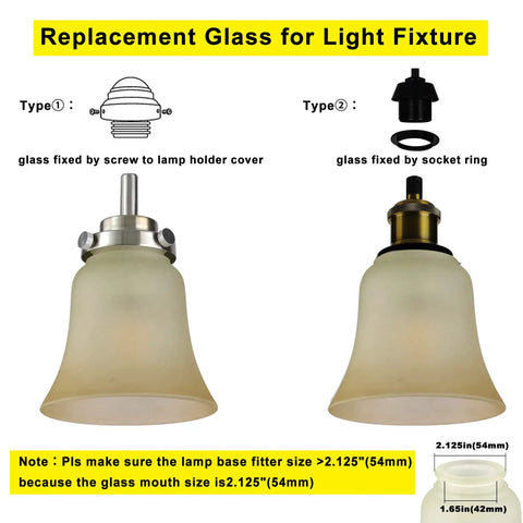 4 Pack Bell Shaped Glass Lampshades For Ceiling Fans And Light Fixtures shown with two types of fittings